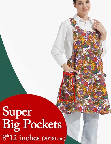 Image of Cozy Adjustable Cross Back Aprons for Women with Pockets Cotton Linen Cooking Kitchen Baking