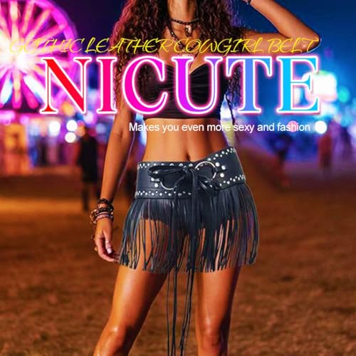 Nicute Black Fringe Belt Gothic Leather Cowgirl Belts Western Accessories for Women3