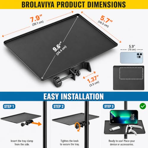 Image of BROLAVIYA Microphone Stand Shelf Adjustable Metal Tray Holder, Compatible with Most Microphone Stands and Music Tripod Stands, Size 7.9 inch X 5.7 inch inch