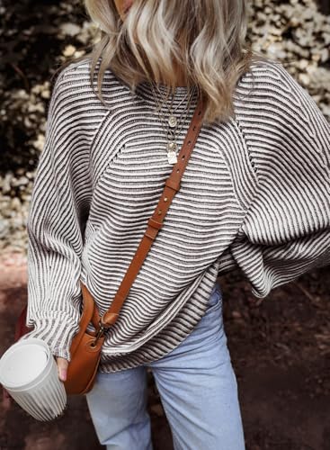 EVALESS Striped Sweaters for Women Boat Neck Batwing Sleeve Oversized Pullover Sweater Tops Womens Fall Clothes Outfits2