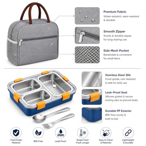Image of Misamo Enterprise Lunch Box with Insulated Lunch Bag Combo, 3 Compartment Stainless Steel Lunch Box with Spoon & Fork, Leak Proof Food Container for School, Office & Travel (Grey Bag+Blue Lunch Box)
