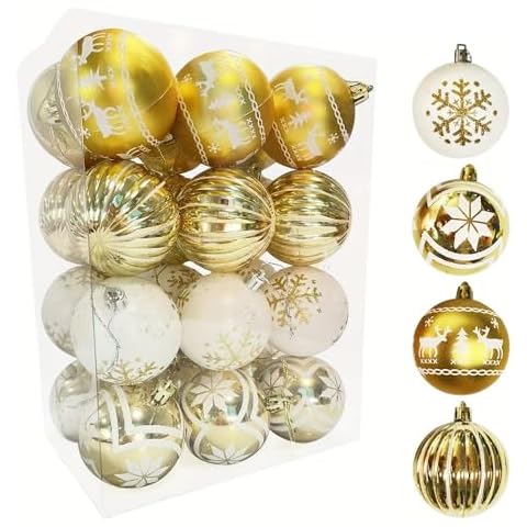 Azalon White Gold Christmas Ball Ornament, 6cm/2.36inch Shatterproof Plastic Hanging Ornaments for Xmas Tree, Christmas Wedding Holiday Party Decoration(White Gold 24ct) Cover