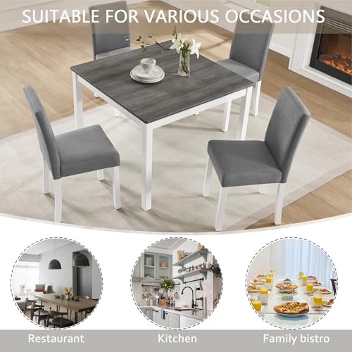 Image of KEIKI 5-Piece Standard Height Dining Table Set with Square Table and 4 Upholstered Curved Backrset Chair, for 4 Person, Modern Wooden Table Set, Easy Assembly, for Kitchen, Dining Room, White+Gray