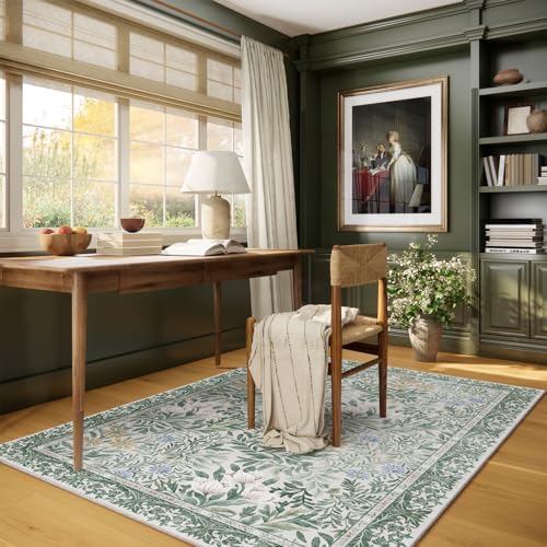Image of Botanical Floral Area Rug 4x6 Light Green Cream Vintage Garden Design, Perfect for Living Room, Bedroom, Kids Room, Nursery - Stain & Water Resistant Non-Slip, Pet & Child Friendly Area Rugs