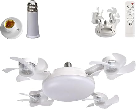 2026 New E27 Socket Ceiling Fan Light - 2-in-1 Silent LED Fan with Remote Control,Ceiling Fan Light with Remote Control,Screw in LED Fan Light,E27 Base Foldable Ceil,3 Wind Speeds & 3-Color 4 Heads