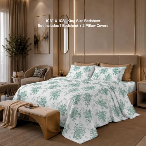 Image of Jaipur Weaves Cotton Percale King Size Bedsheet 108x108 Super King, 100% Pure Cotton Bed Sheet with 2 Pillow Covers, 300 TC Soft Breathable Floral Design Bedding (Green Meadows, Super King)