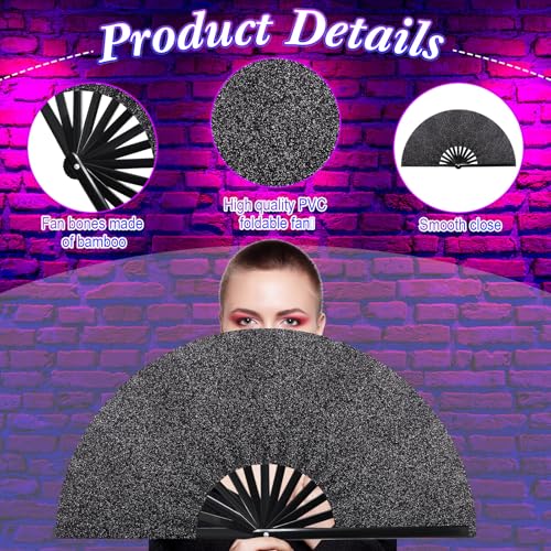Image of Vercraft 13'' Large Rave Fan for Women Rave Accessories Festival Outfits Glitter Hand Folding Clack Fan for Line Dancing Edm Music Festival Outfits(Black)