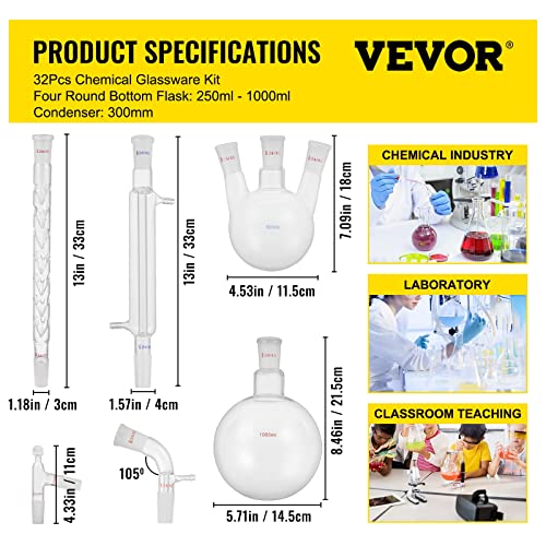 Vevor New Laboratory Glassware 24/40 Chemistry Glassware 32Pcs Chemistry Lab Glassware Kit 250 1000Ml For Distillations Separation Purification Synthe（24/40, 32Pcs） #TOP6