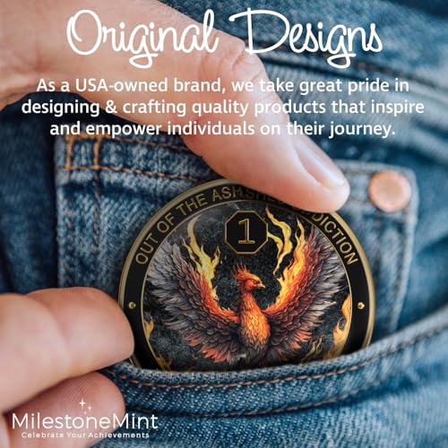 phoenix sobriety coin  aa chip medallion gift set with coin capsule display stand amp card for sober men amp women in recovery  sobriety gifts for anniversary month amp year 1 year