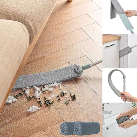 Dust Brush Under Appliance Microfiber Duster with Extension Pole (40 to 55 inches) Bendable, Washable, Extendable Gap Dusters for Sofa Bed Furniture Bottom - Wet or Dry Gray Cover