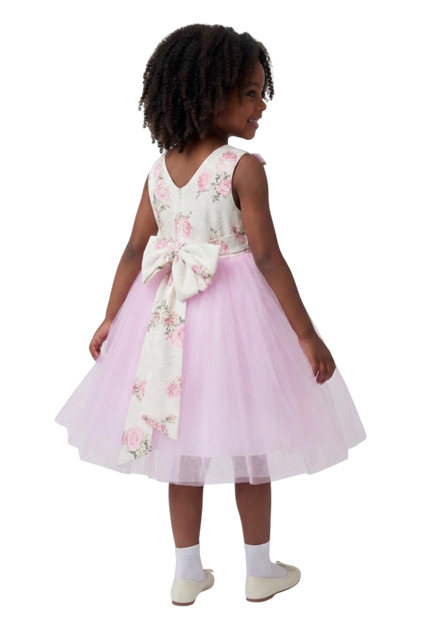SIRRI Abito da Cerimonia Rosa in Tulle Floreale per Bambina con Dettagli a Petali e Fiocco sul Retro.