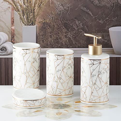 Image of SaSaSa Ceramic Bathroom Accessories Set of 4 Modern Bath Set with Soap Dispenser & Toothbrush Holder, Luxury Home & Gift Idea, White /Gold (9743)