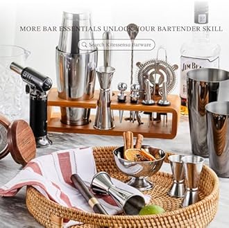 KITESSENSU Cocktail Shaker Set Bartender Kit with Stand - Drink Mixer Bar Set with All Essential Bar Accessory Tools - Martini Shaker Jigger Strainer Mixer Spoon Muddler Liquor Pourers - Rose Gold