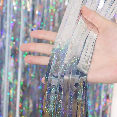 Image of Voircoloria 2 Pack Laser Silver Tinsel Foil Fringe Curtains, Silver Party Decorations, Metallic Tinsel Party Streamers Backdrop for New Years Birthday Halloween Wedding Party Decorations