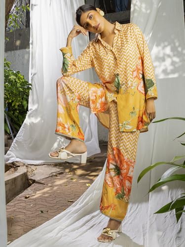 Image of Women's Printed Silk Blend Co-Ord Set Long Sleeves Shirt and Trouser Set for Women | Ethnic Co-Ord Set (RWDROUT1041)