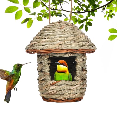 Casa para pájaros de hierba, textura natural tejida a mano, refugio de nido colgante, diseño transpirable, hábitat de paja rústico, accesorio de observación de aves ecológico | para decoración de