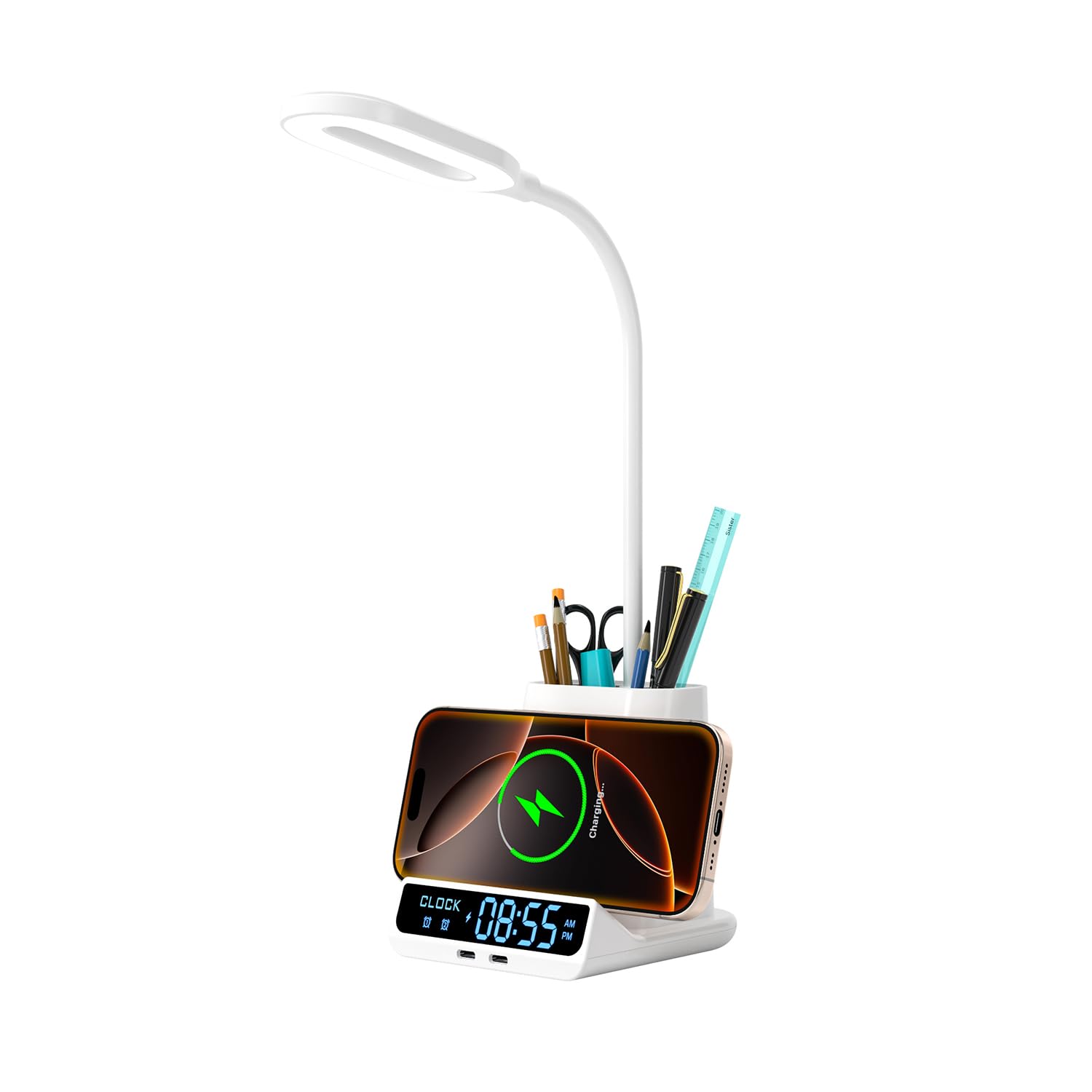 5-en-1 Lampe de Bureau LED Intensité Variable avec Horloge, Réveil, Porte-Stylo et Fonction de Recharge, 3 Couleurs de Lumière,Lampe d'étude, Lampe de Chevet, Lampe de Lecture Veilleuse