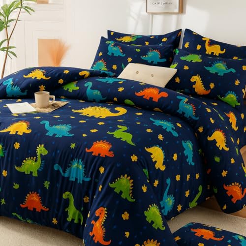 Image of 200 GSM 400 TC Kids Glace Cotton Reversible Cartoon Printed Double Bed King Size Comforter with Matching Bedsheet 90 * 100 with 2 Pillow Covers Set of 4 Pieces (Blue Dinosaur)