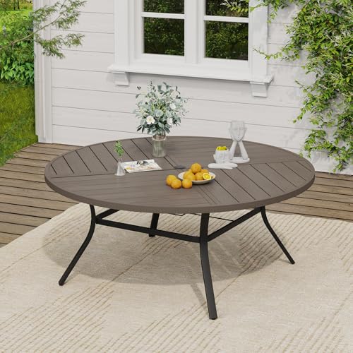 Image of VICLLAX 63 inch Round Outdoor Table, Patio Dining Table for 8-10 with Umbrella Hole for Garden Lawn Deck Backyard, Antique Grey