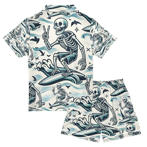 senya Skeleton Catches A Wave Satin Summer Pajama Sets Silk Short Sleeve Button Down Sleepwear2