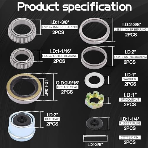 Ruikarhop L68149 L44649 3500lb Boat Trailer Axle Hub Wheel Bearing kit W/ 171255TB Grease Seals,1.98" Trailer Dust Caps,Cotter Pins,Axle Nuts & Washers(2 Sets)