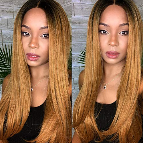 K'ryssma Honey Blonde Wig Straight Long Ombre Synthetic Wig with Dark Roots Glueless Middle Part Ombre Blonde Wigs for Women 22 inches (#27)