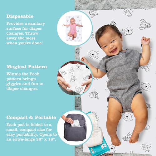 Image of Disney Baby by J.L. Childress Disposable Changing Pads for Baby - Diaper Changing Table Covers, Travel Essentials for Babies, Absorbent Liner Pads, Leak-Resistant, 26 inchx18 inch - Winnie the Pooh, 24 Count
