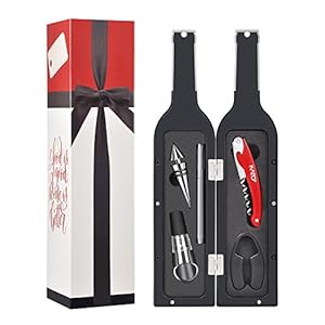 Wine Opener Gift Set – Wine Bottle Accessory Kit Corkscrew Opener, Stopper, Pourer, Foil Cutter, Glass Marker and Drink Stickers by Kato, Great Valentine’s Gifts, Silver