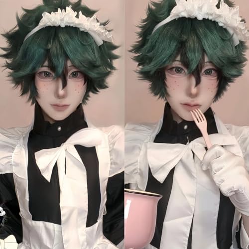 IMEYLE Peruca de anime de cor verde, peruca de cabelo ondulado curto com franja, cabelo sintético de