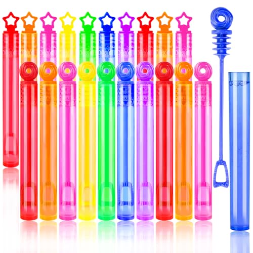 XIMISHOP 20 Pack Mini Bubble Wands 7 Colors Neon Star Circle Small Bubble Tubes for Kids Party Bag Fillers Classroom Prizes Summer Wedding Decoration