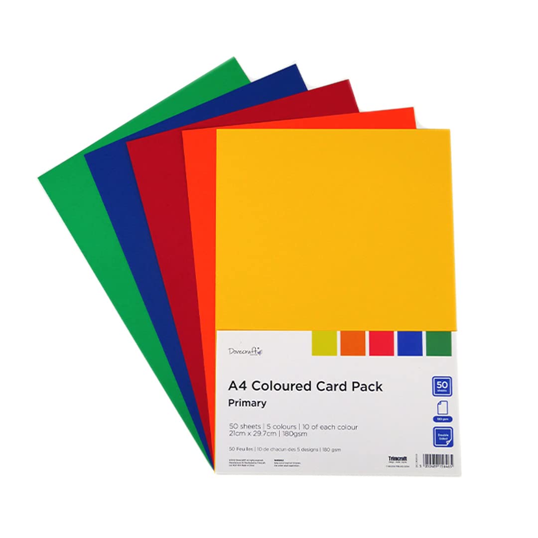 DovecraftA4 Coloured Card Pack | Double Sided | 180gsm Card Stock | 50 Sheets | 21cm x 29.7cm | Card Pack for Crafts, Invitations, Wedding | Primary