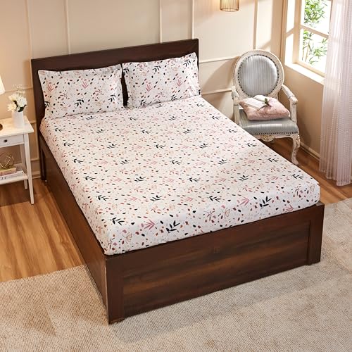 Image of Amazon Brand - Solimo Calico Meadow 144 TC 100% Cotton Double Bedsheet with 2 Pillow Covers, White