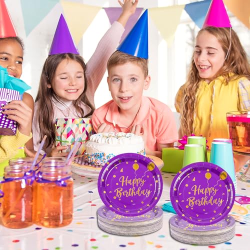 Platos de papel morados y dorados de 9 pulgadas para fiestas y postres, pack de 50 unidades 8