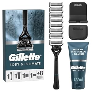 Gillette Body & Intimate Men’s Razor Set – Pubic Hair & Ball Shaver, 8 Razor Blade Refills + 2in1 Shave Cream & Cleanser, Below-the-Waist Grooming, Includes Shower Hook & Travel Cover
