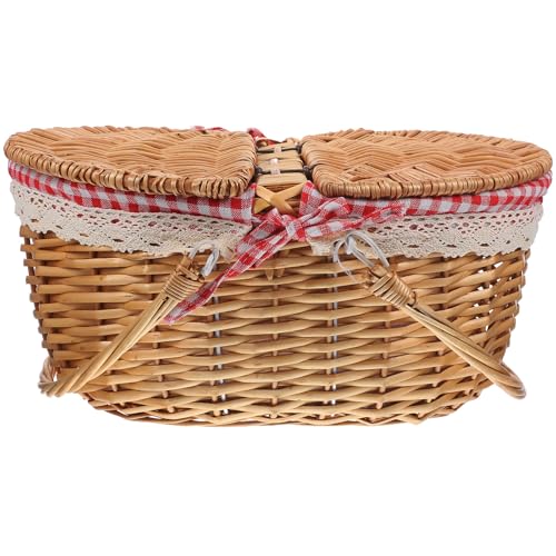 HOOWIFFY Cesta de Picnic de Cesta Tejida Rústica con Tapa y Doble Asa para Almacenamiento de Verduras y Objetos en Bodas y Banquetes