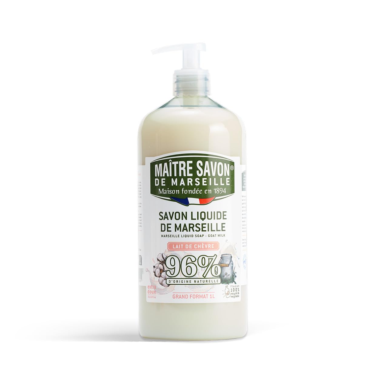 Mistrz Mydło marsylia - Mydło marsylia w płynie Mleko kozie - 1L - 96% pochodzenia naturalnego
