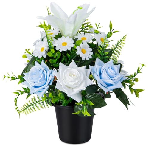SIFOEL Fleurs de tombe artificielles en pots, rose, lys et marguerite artificiels avec pot pour cimetière, funérailles, décoration de tombe en plein air (1...