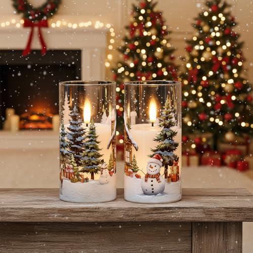 Image of GenSwin Christmas Flameless Candles with Remote Timer, Set of 2 Christmas LED Glass Battery Operated Candles with Cedar, Snowman, Reindeer, Snowy House Decals for Holiday Winter Home Decor(D3 inch x H6 inch)