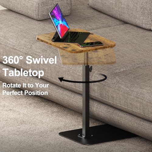 Image of Side Table Sofa Table Tray for Couch 360 Rotating Adjustable Height Table, Sofa Bed Bathroom Study TV Tray C Shaped End Table Food Snack Trays for Eating (Brown)