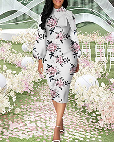 Image of Sexy Long Sleeve Dress for Women Solid Color Bow Knot Turtleneck Formal Gown Midi Casual Church Dresses