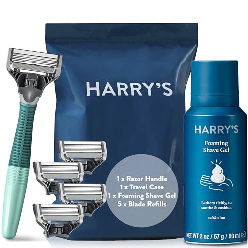 Harry's Razors for Men - Men's Razor Set with Tropical Green Handle, 5 Razor Blade Refills, Travel Blade Cover, 60ml Shave Gel