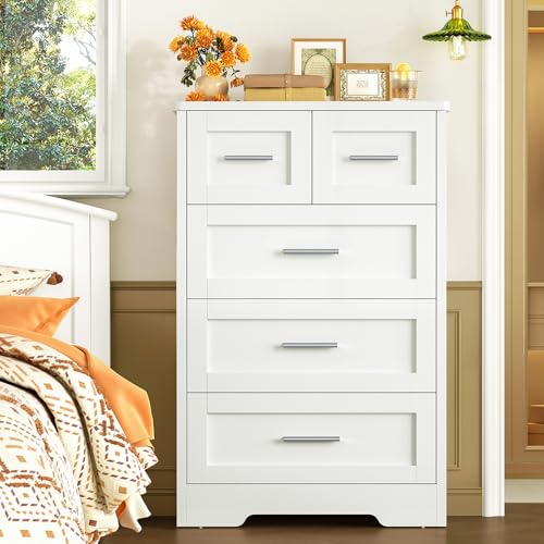 TEENFON Cassettiera Camera da Letto, Settimino con 5 Cassetti - Comò Bianco Moderno e Salvaspazio, Ideale per Soggiorno e Ingresso, 60x35x96.5 cm