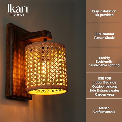 Image of Ikari Homes Rustic Wooden Wall Lamp I Cylindrical Raffia Shade I Vintage Wall Lamp I Boho Rattan Wall lamp for Bedroom /Balcony /Living Room /Outdoor /Entrance - Size 10 x 5 in (Rattan Hex Mesh)