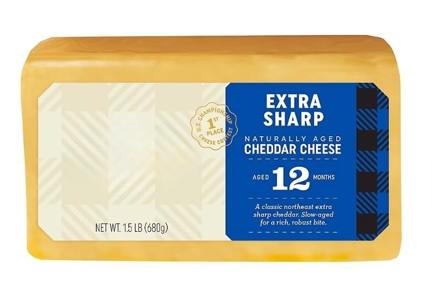 Naturally Aged Extra Sharp Cheddar Cheese has a citrusy, extra sharp flavor. Pair this sophisticated Vermont cheese with roasted nuts and chilled beer to make your snack hour special or simply add to sandwiches for hearty meal option.. [ 24 oz , 1.5 lb ]