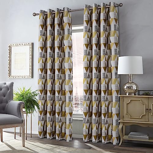 always4u 100% Blackout Curtains Linen Look Modern Geometric Jacquard Curtains Eyelet Thermal Lined Window Treatment for Bedroom 1 Pair Yellow W66xL72 - Image 3