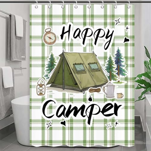 ICTEISOM Happy Camper RV Shower Curtain Rustic Pine Tree Adventure Tent Camping Waterproof Fabric Bathroom Curtains Travel Trailer Bathroom Accessories Set with Hooks 47 x 64 Inches