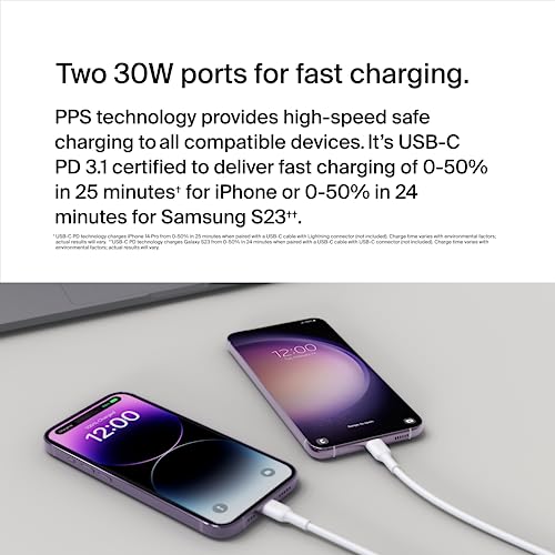 Image of Belkin Dual USB C Charger Block 60W w /PPS Super Fast Charging - Samsung Galaxy S25, Apple iPhone 17, Air, Pro, Pro Max, iPad, MacBook Air, AirPods, Google Pixel 10, Nintendo Switch 2, etc - White