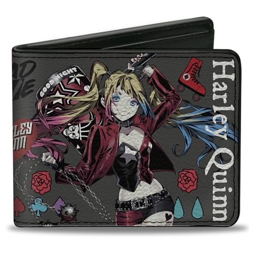 Buckle-Down DC Comics Wallet, Bifold, Harley Quinn Good Night Anime Pose and Icons Collage, Vegan Leather