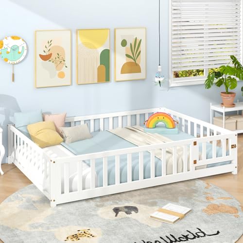 image for Giantex Full Size Floor Bed for Kids, Low Montessori Bed with Wood Sla