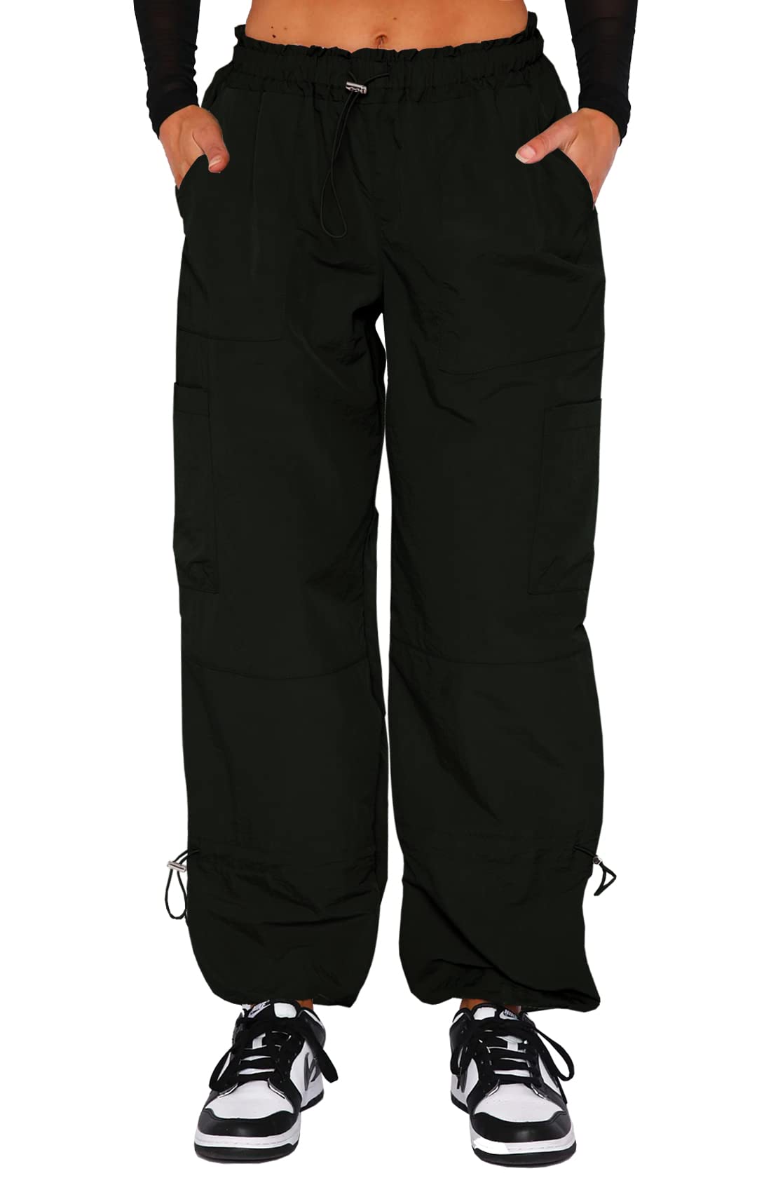 Women's Cargo Parachute Pants - Baggy Fit With Drawstring Waist & Multiple Pockets, Y2K Style - View #4